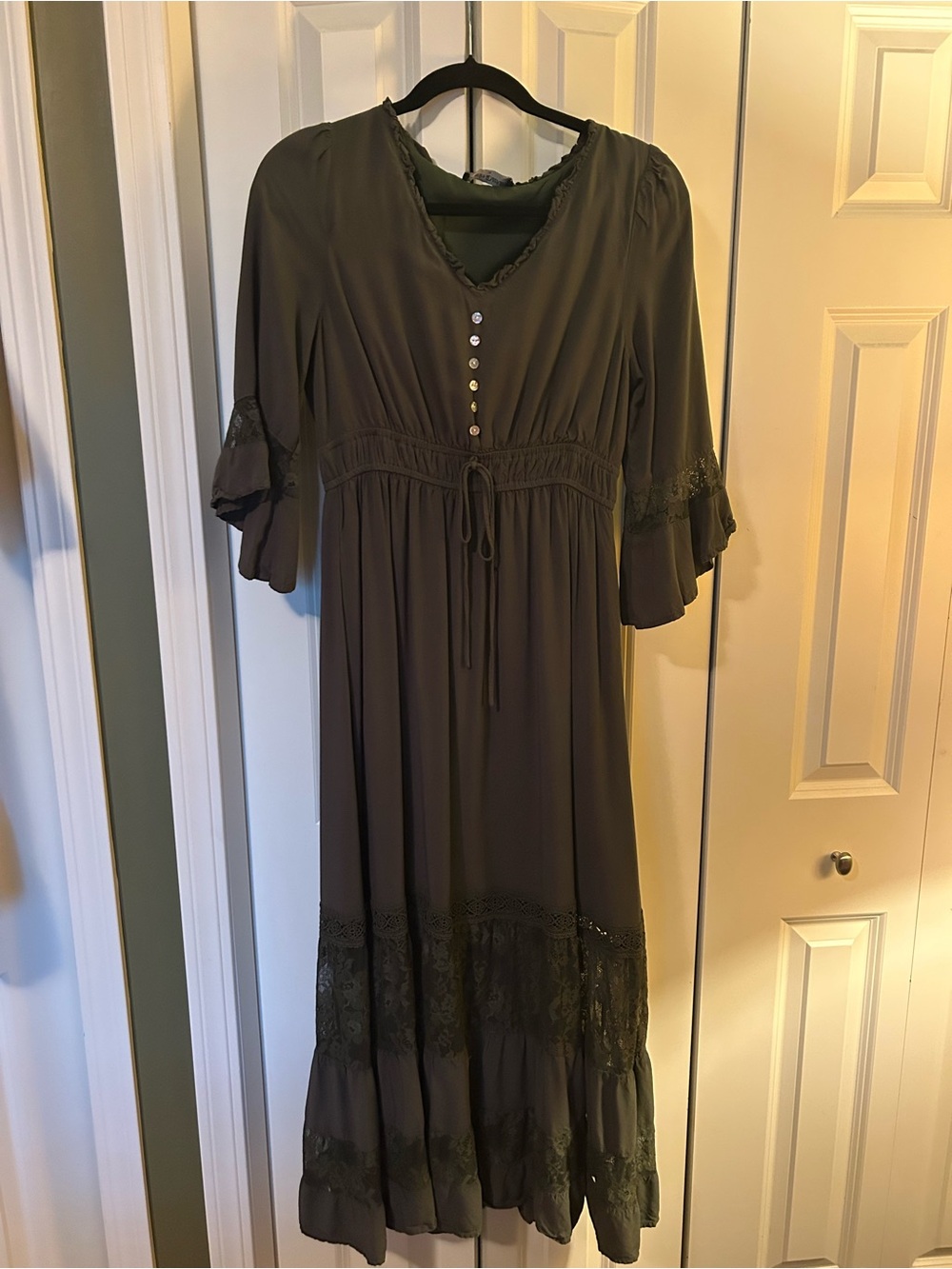 Olive Green Button-Front Midi Renaissance Dress with Lace Trim